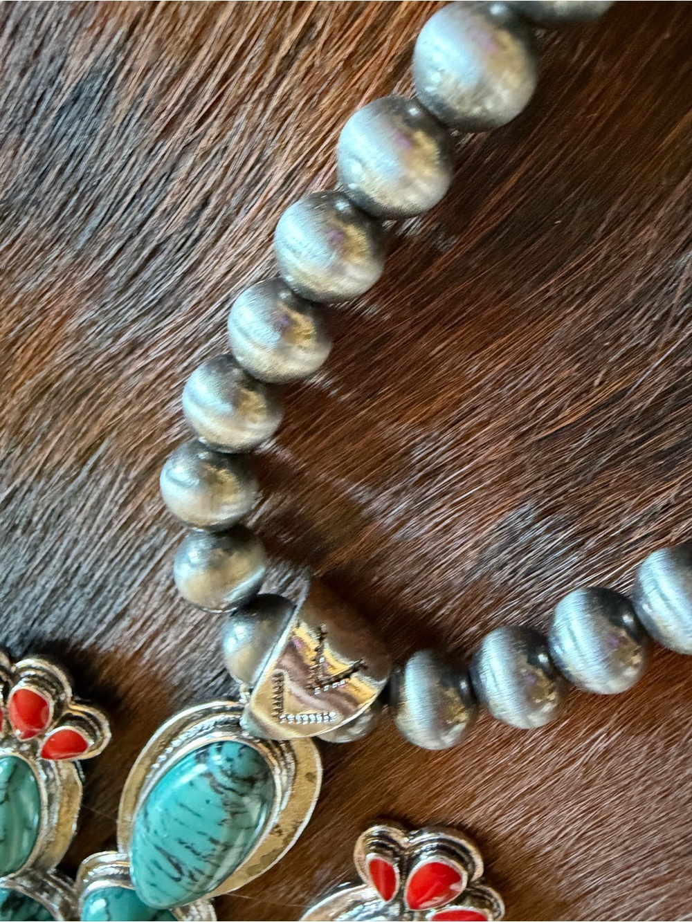 Western Boutique Silver Turquoise Red Large Cactus Pendant Necklace Navajo NEW - Picture 6 of 8